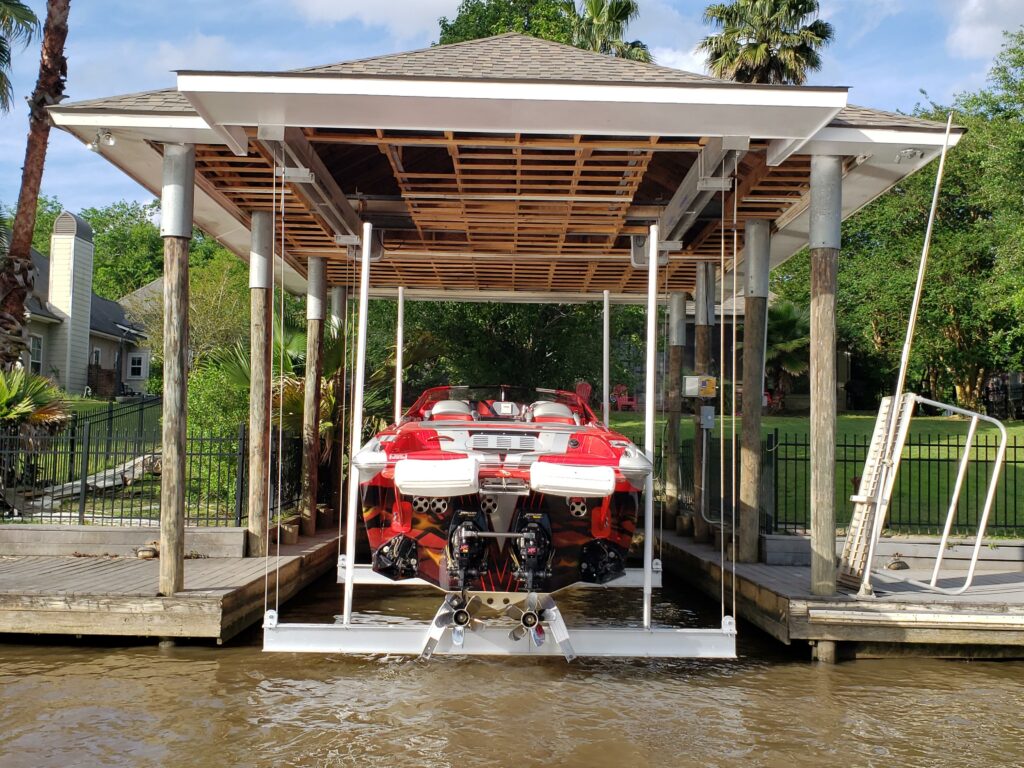 red and white boat dock on steel bar